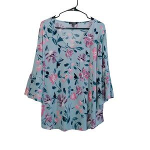 Roz & Ali Woman Azure Turquoise Floral 3/4 Bell Sleeve Blouse Size 2X